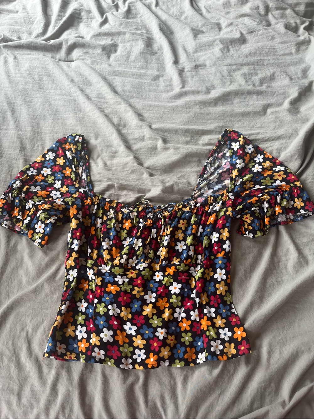 Reformation Black Floral Puff-Sleeve Off-Shoulder Crop Top